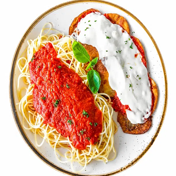 Classic chicken parmesan served with spaghetti and marinara sauce